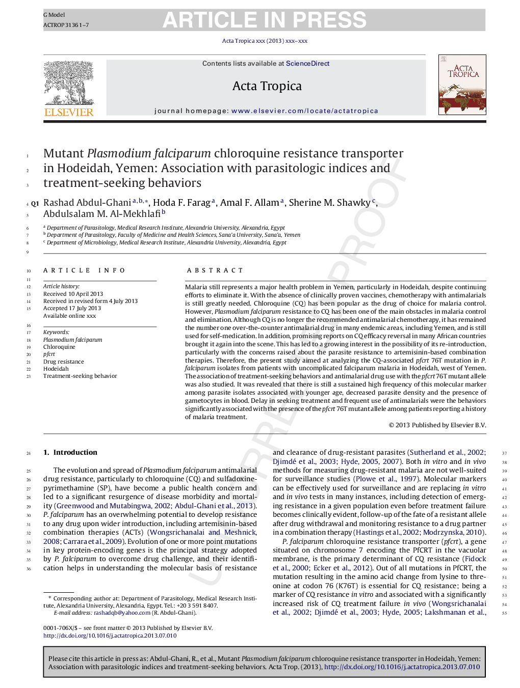 Mutant Plasmodium falciparum chloroquine resistance transporter in Hodeidah, Yemen: Association with parasitologic indices and treatment-seeking behaviors