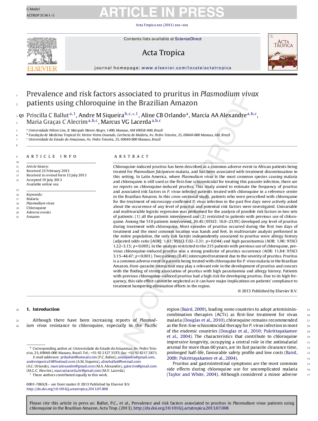 Prevalence and risk factors associated to pruritus in Plasmodium vivax patients using chloroquine in the Brazilian Amazon