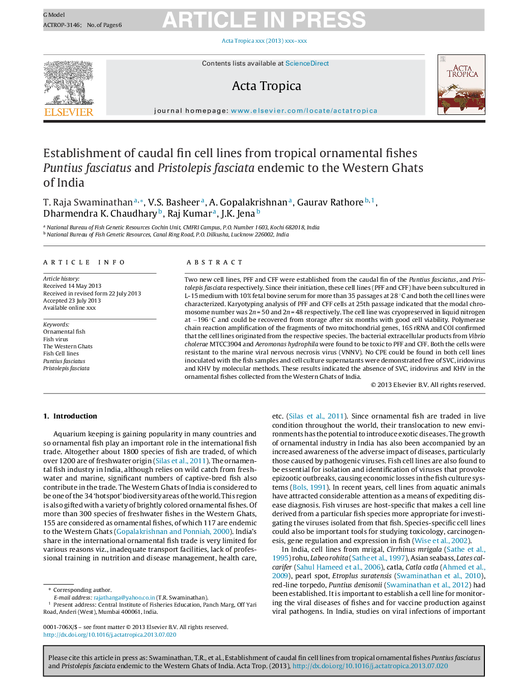 Establishment of caudal fin cell lines from tropical ornamental fishes Puntius fasciatus and Pristolepis fasciata endemic to the Western Ghats of India