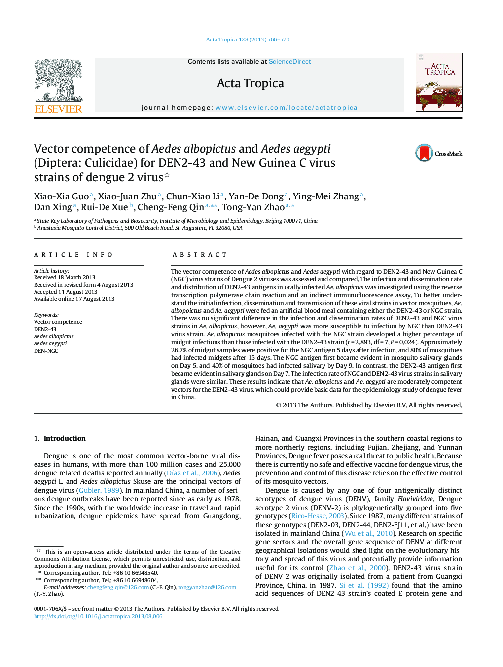 Vector competence of Aedes albopictus and Aedes aegypti (Diptera: Culicidae) for DEN2-43 and New Guinea C virus strains of dengue 2 virus