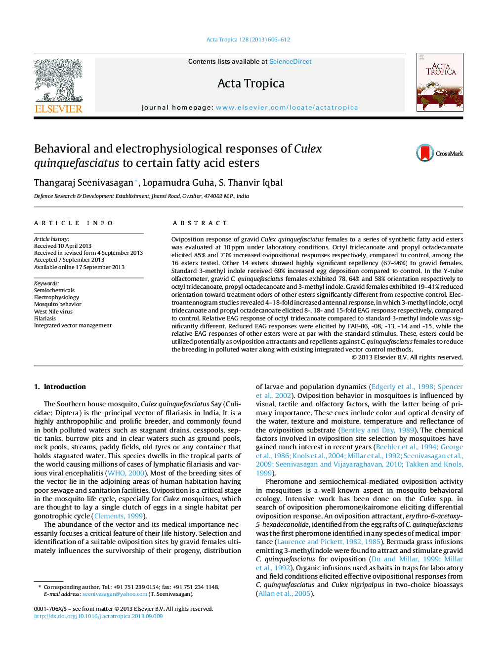 Behavioral and electrophysiological responses of Culex quinquefasciatus to certain fatty acid esters