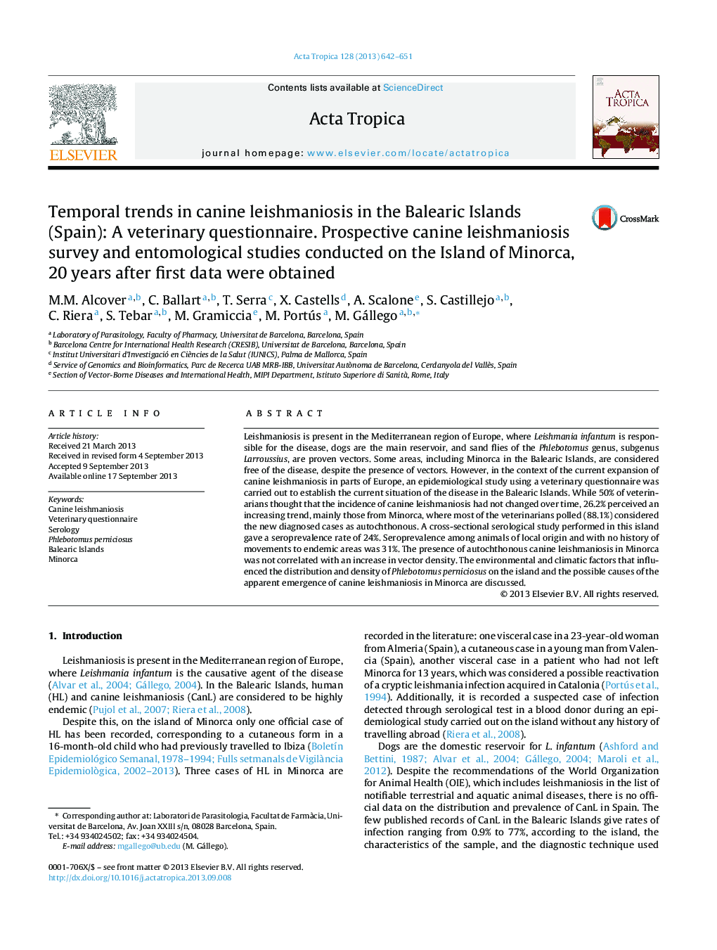 Temporal trends in canine leishmaniosis in the Balearic Islands (Spain): A veterinary questionnaire. Prospective canine leishmaniosis survey and entomological studies conducted on the Island of Minorca, 20 years after first data were obtained