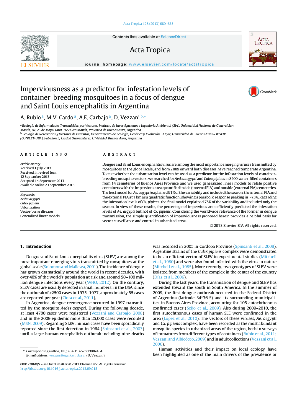 Imperviousness as a predictor for infestation levels of container-breeding mosquitoes in a focus of dengue and Saint Louis encephalitis in Argentina