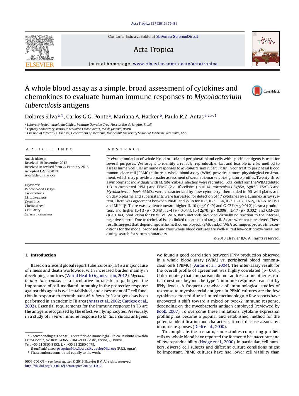 A whole blood assay as a simple, broad assessment of cytokines and chemokines to evaluate human immune responses to Mycobacterium tuberculosis antigens