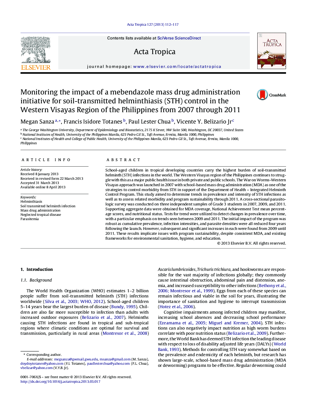 Monitoring the impact of a mebendazole mass drug administration initiative for soil-transmitted helminthiasis (STH) control in the Western Visayas Region of the Philippines from 2007 through 2011