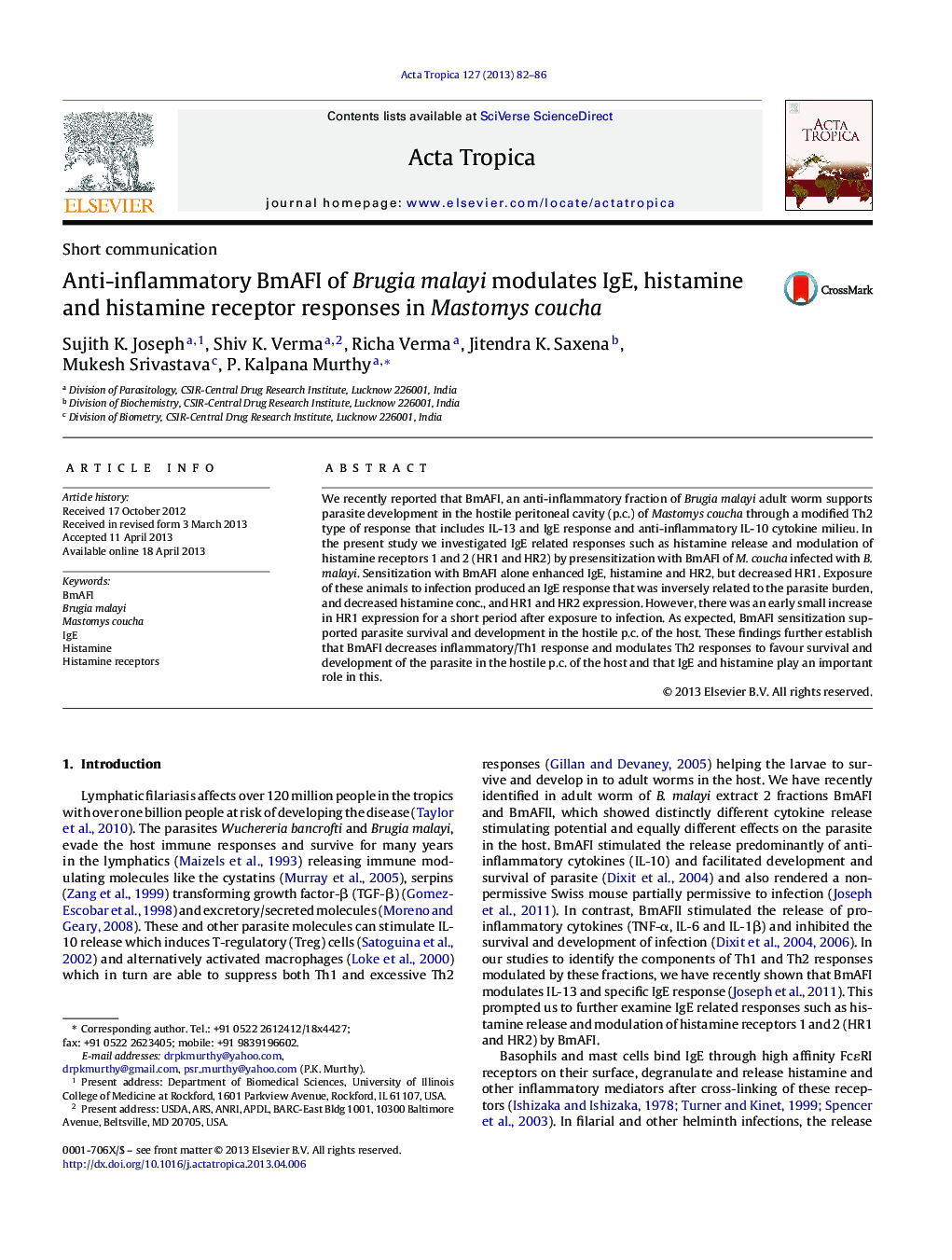 Anti-inflammatory BmAFI of Brugia malayi modulates IgE, histamine and histamine receptor responses in Mastomys coucha