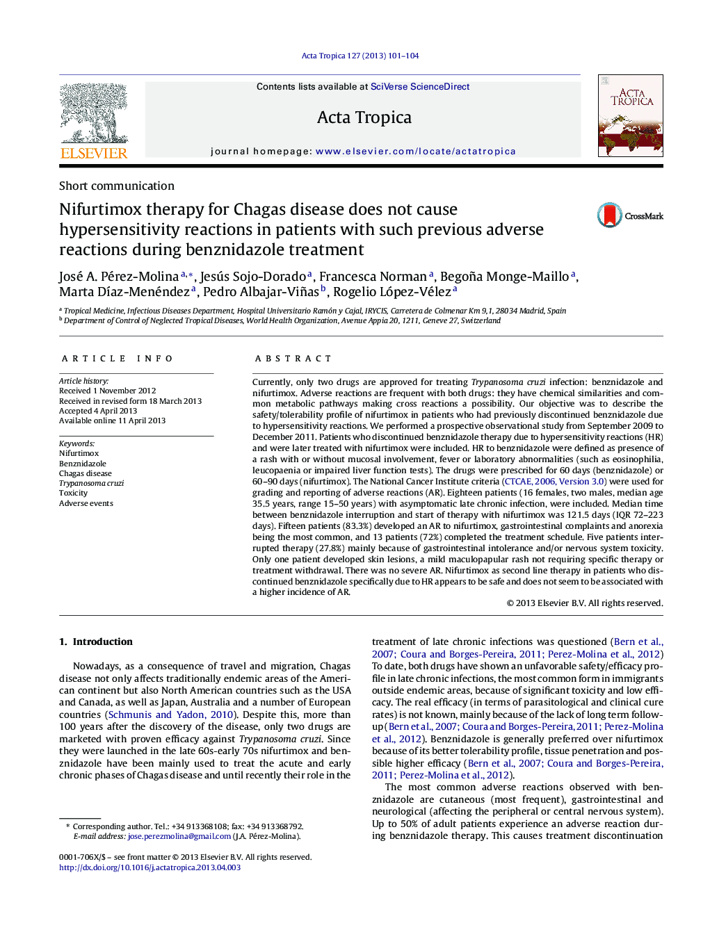 Nifurtimox therapy for Chagas disease does not cause hypersensitivity reactions in patients with such previous adverse reactions during benznidazole treatment