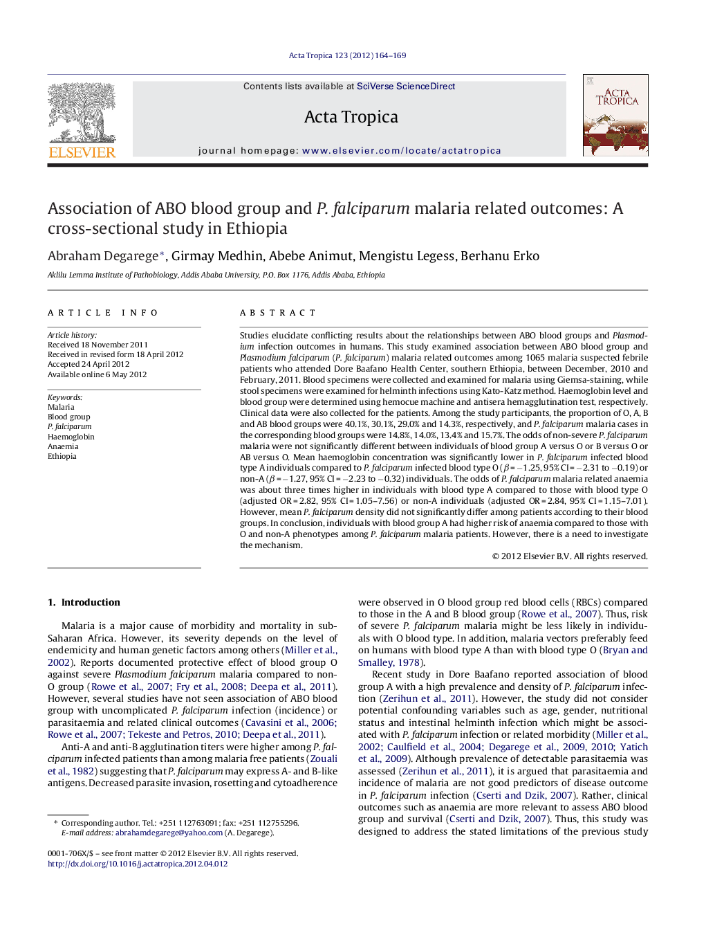 Association of ABO blood group and P. falciparum malaria related outcomes: A cross-sectional study in Ethiopia