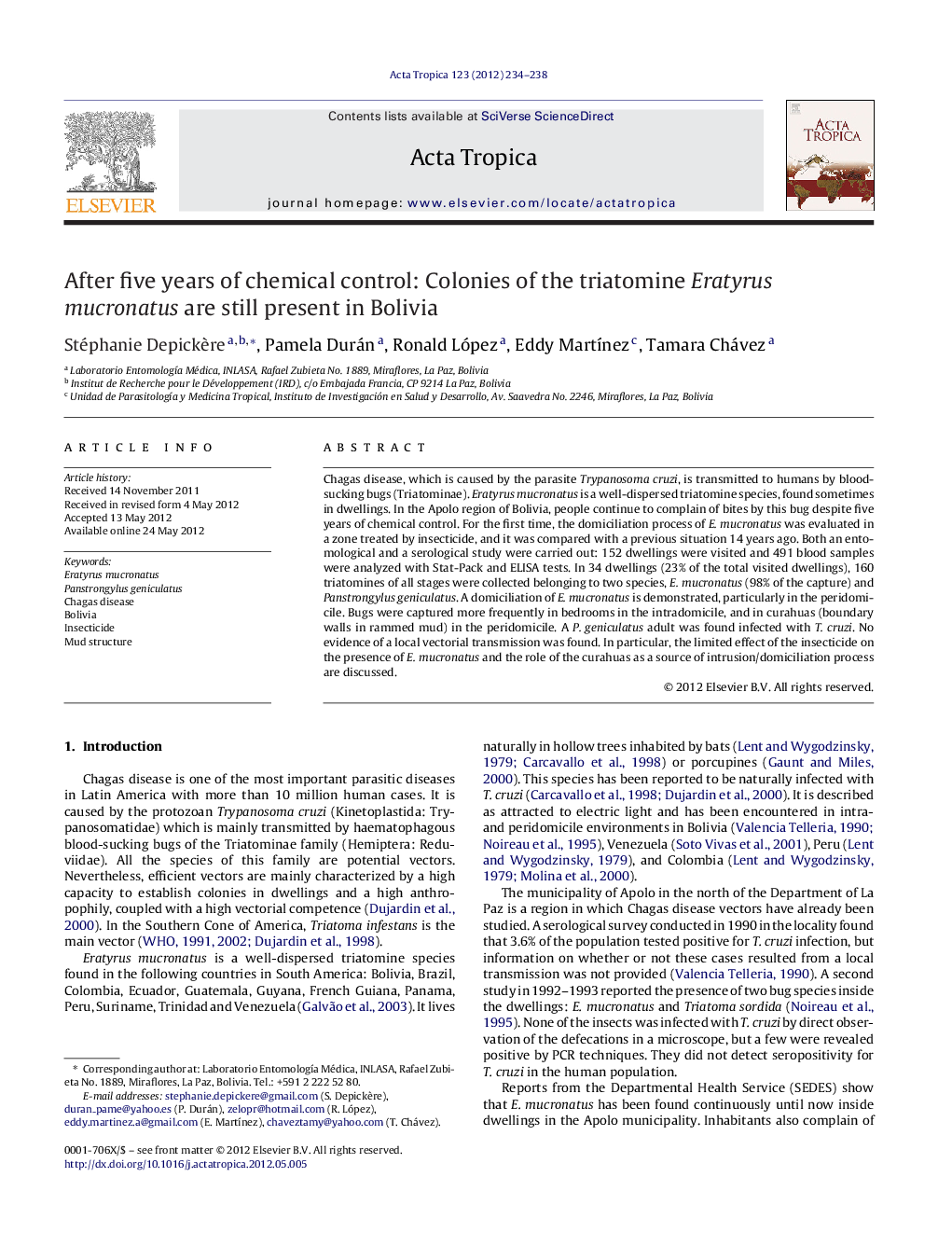 After five years of chemical control: Colonies of the triatomine Eratyrus mucronatus are still present in Bolivia