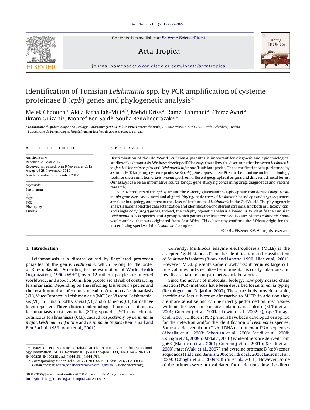 Identification of Tunisian Leishmania spp. by PCR amplification of cysteine proteinase B (cpb) genes and phylogenetic analysis