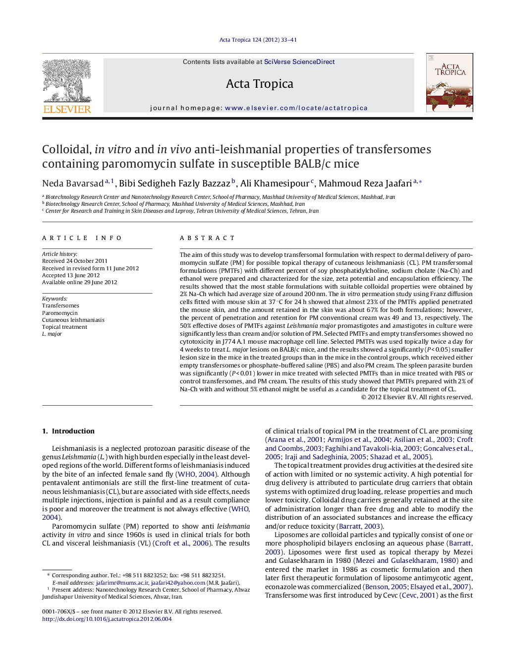 Colloidal, in vitro and in vivo anti-leishmanial properties of transfersomes containing paromomycin sulfate in susceptible BALB/c mice