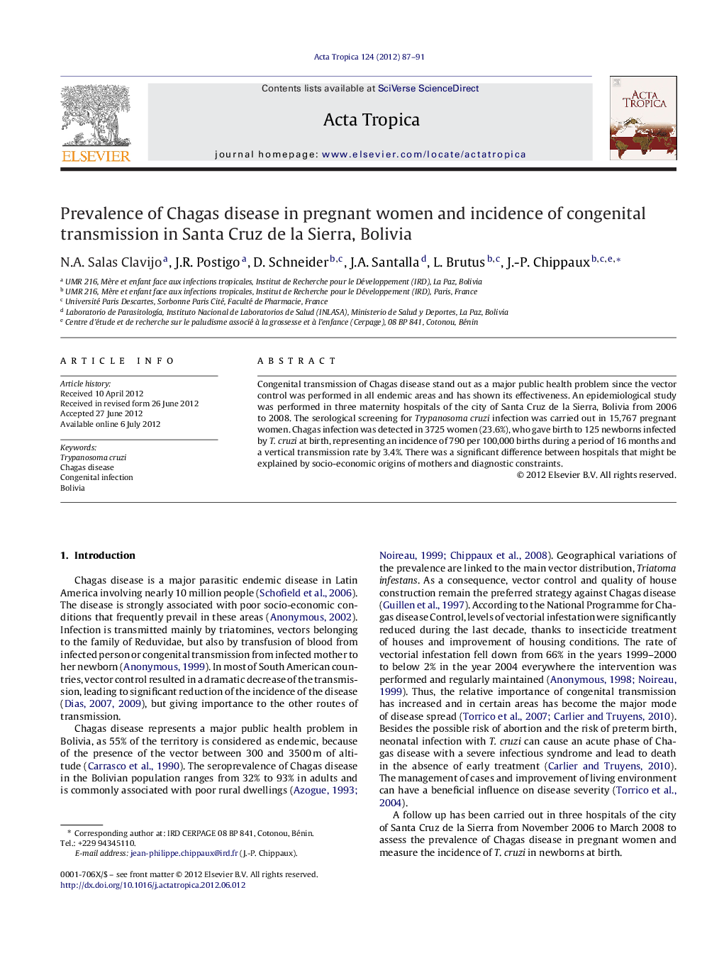 Prevalence of Chagas disease in pregnant women and incidence of congenital transmission in Santa Cruz de la Sierra, Bolivia