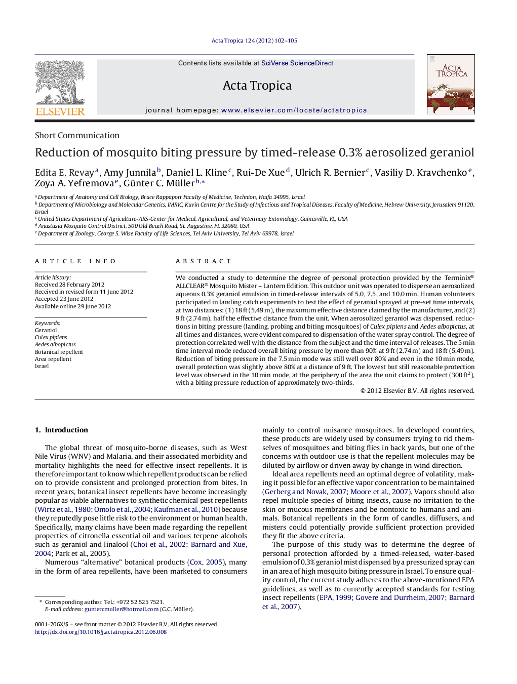 Reduction of mosquito biting pressure by timed-release 0.3% aerosolized geraniol