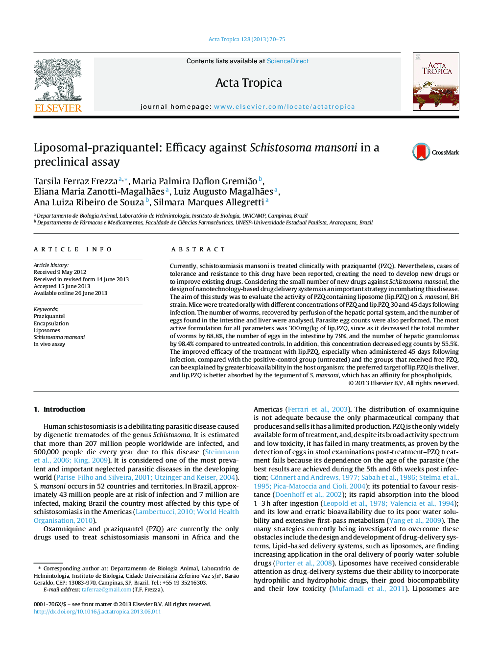 Liposomal-praziquantel: Efficacy against Schistosoma mansoni in a preclinical assay