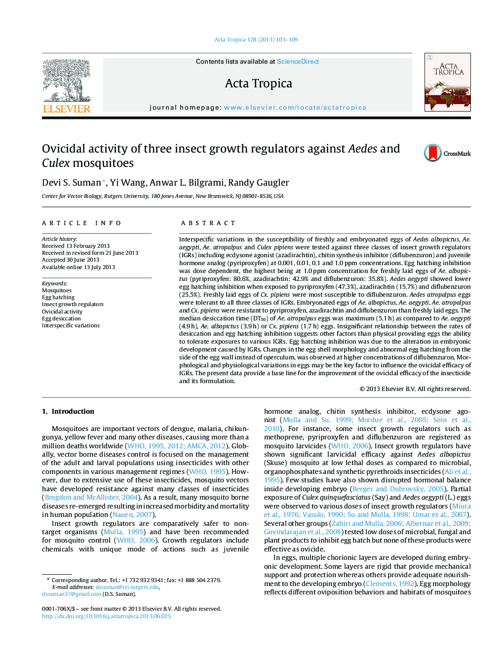 Ovicidal activity of three insect growth regulators against Aedes and Culex mosquitoes