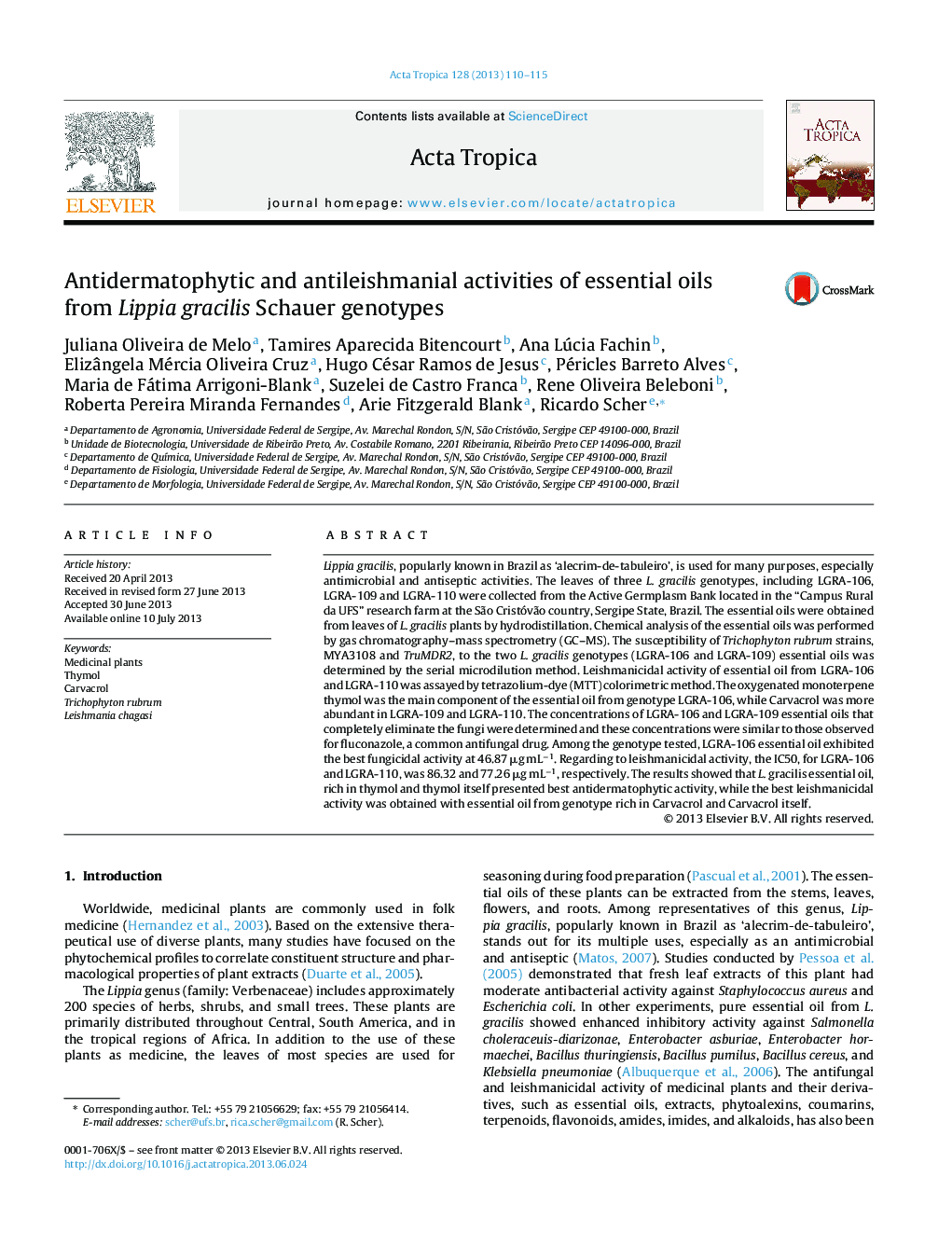 Antidermatophytic and antileishmanial activities of essential oils from Lippia gracilis Schauer genotypes