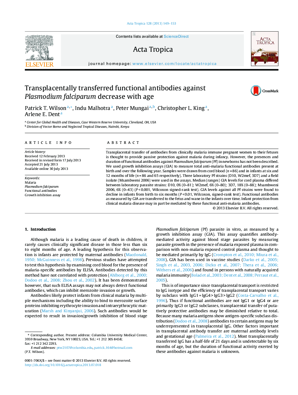 Transplacentally transferred functional antibodies against Plasmodium falciparum decrease with age