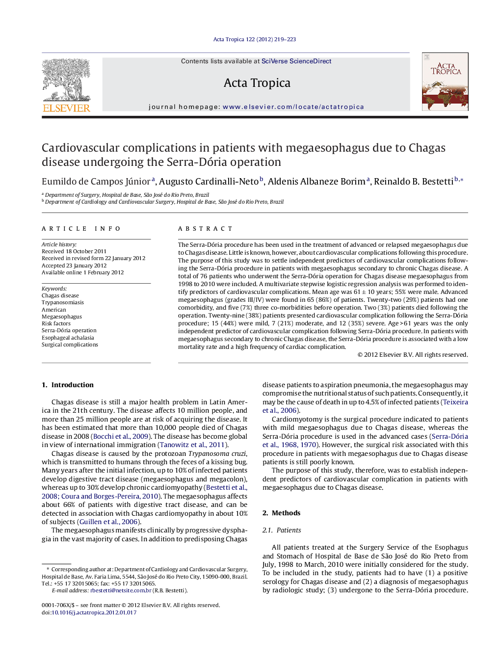 Cardiovascular complications in patients with megaesophagus due to Chagas disease undergoing the Serra-Dória operation