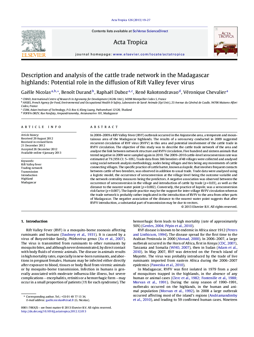 Description and analysis of the cattle trade network in the Madagascar highlands: Potential role in the diffusion of Rift Valley fever virus