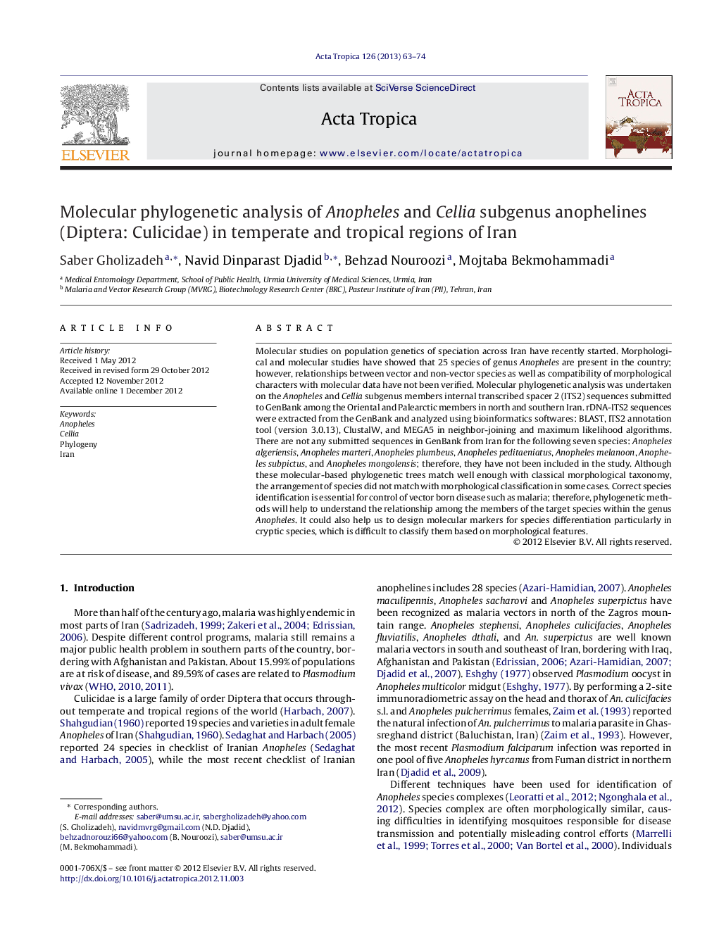 Molecular phylogenetic analysis of Anopheles and Cellia subgenus anophelines (Diptera: Culicidae) in temperate and tropical regions of Iran