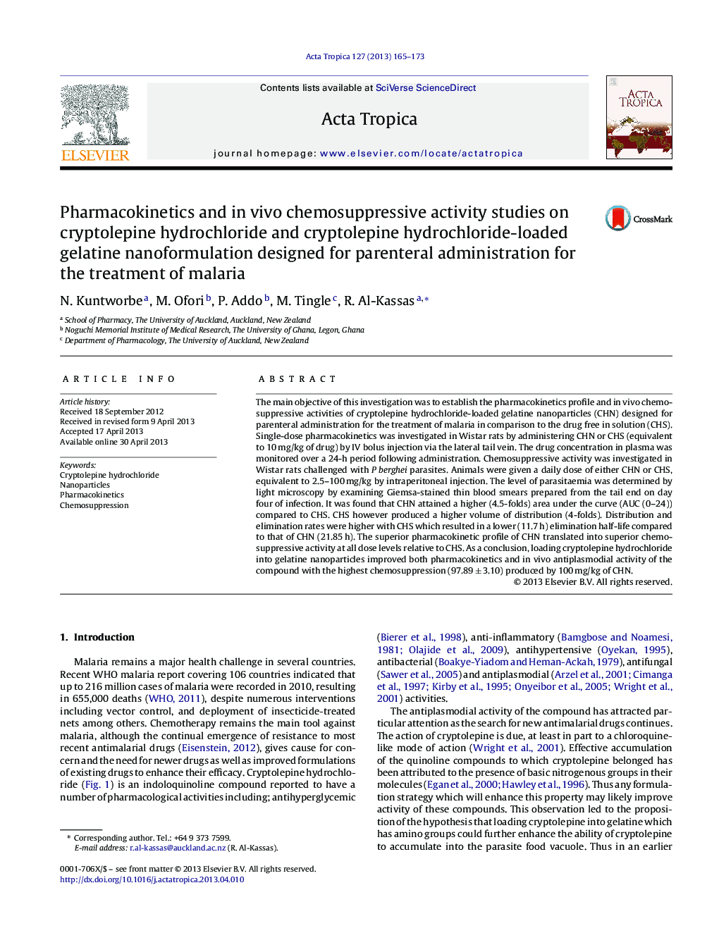 Pharmacokinetics and in vivo chemosuppressive activity studies on cryptolepine hydrochloride and cryptolepine hydrochloride-loaded gelatine nanoformulation designed for parenteral administration for the treatment of malaria
