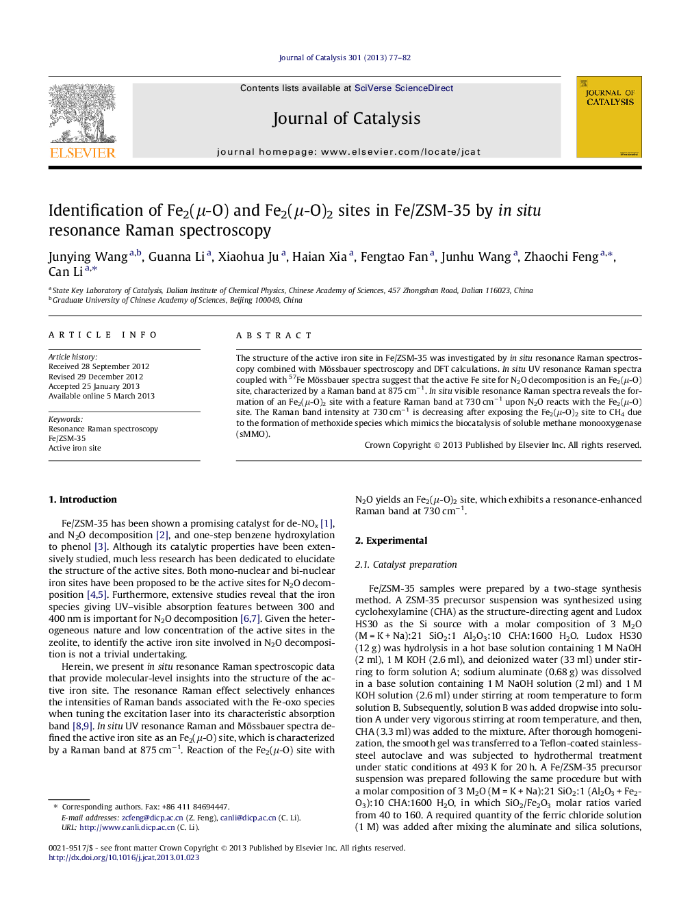 Identification of Fe2(μ-O) and Fe2(μ-O)2 sites in Fe/ZSM-35 by in situ resonance Raman spectroscopy