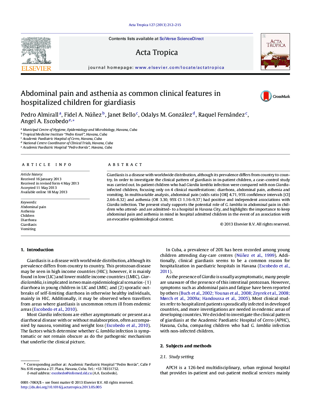 Abdominal pain and asthenia as common clinical features in hospitalized children for giardiasis