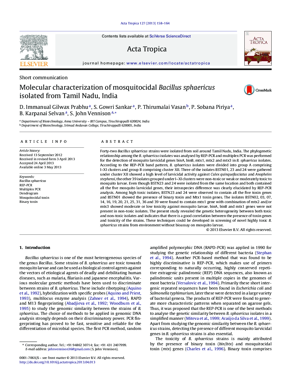 Molecular characterization of mosquitocidal Bacillus sphaericus isolated from Tamil Nadu, India