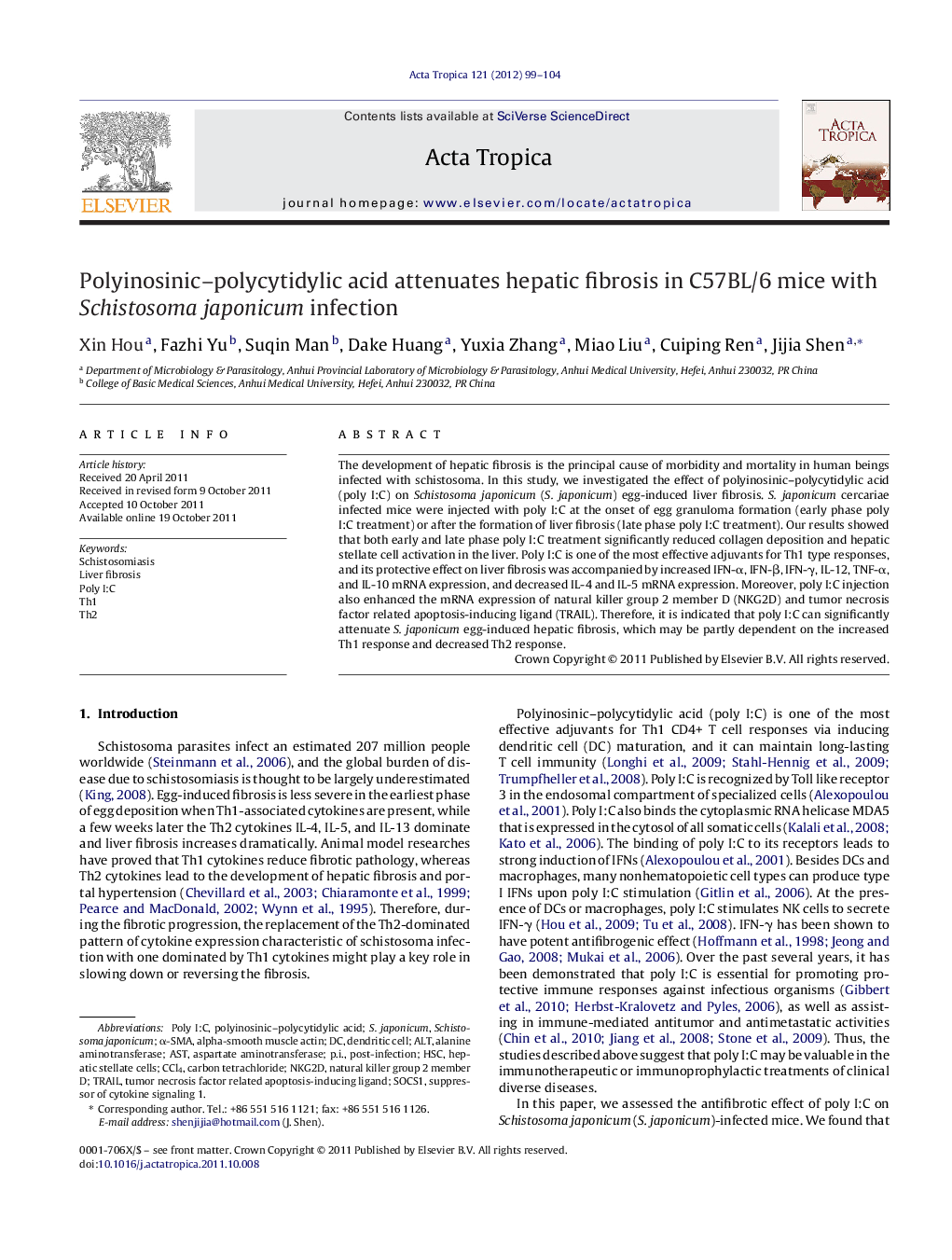 Polyinosinic-polycytidylic acid attenuates hepatic fibrosis in C57BL/6 mice with Schistosoma japonicum infection