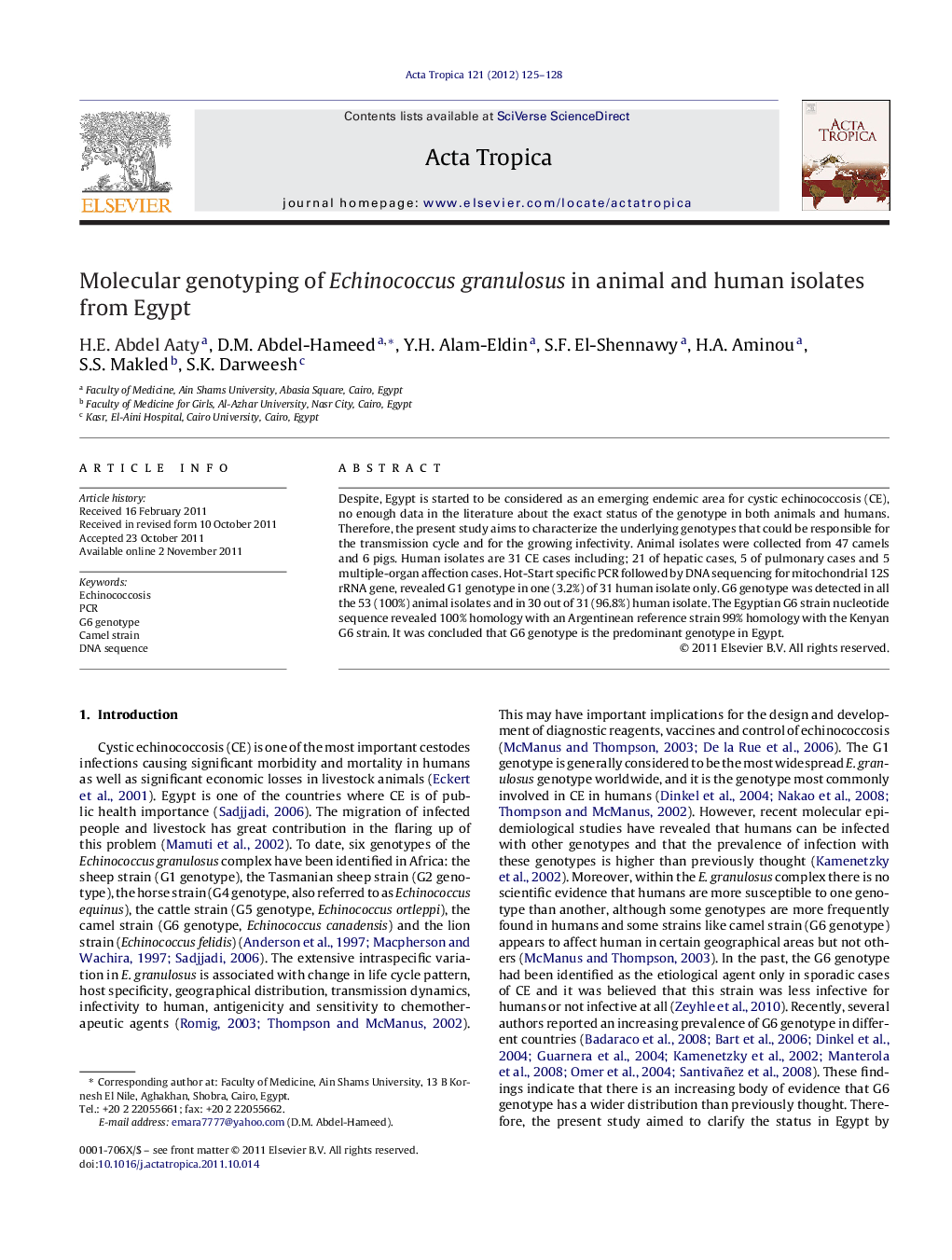 Molecular genotyping of Echinococcus granulosus in animal and human isolates from Egypt