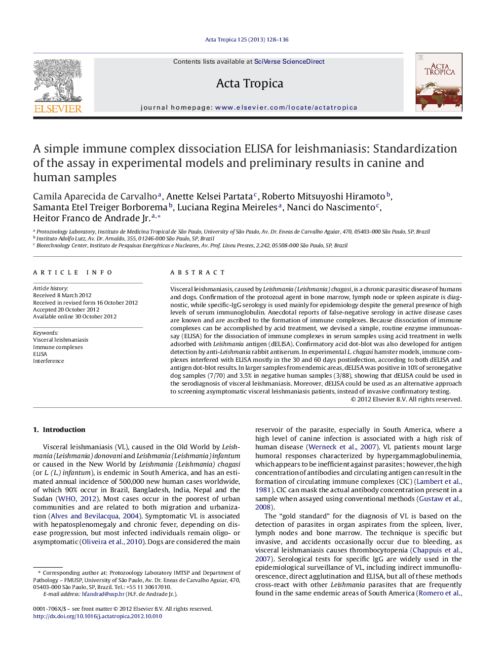 A simple immune complex dissociation ELISA for leishmaniasis: Standardization of the assay in experimental models and preliminary results in canine and human samples