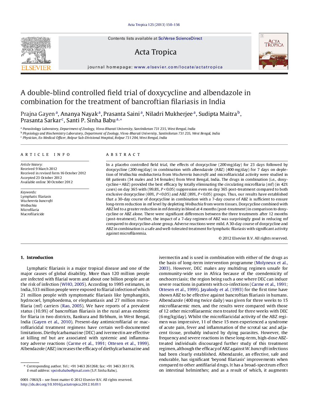 A double-blind controlled field trial of doxycycline and albendazole in combination for the treatment of bancroftian filariasis in India