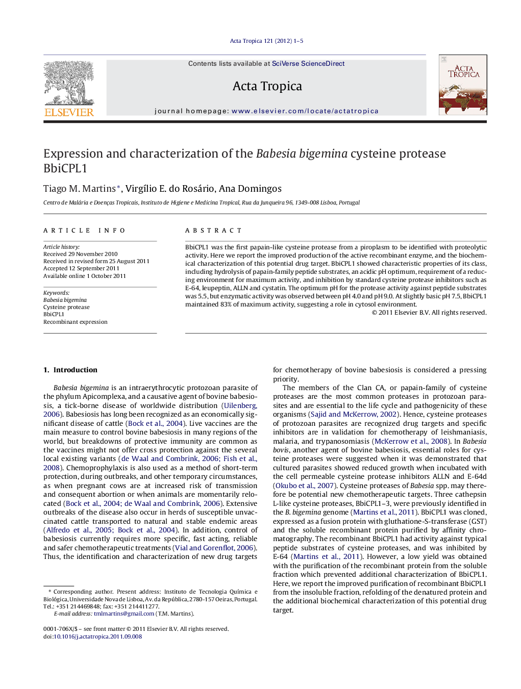 Expression and characterization of the Babesia bigemina cysteine protease BbiCPL1