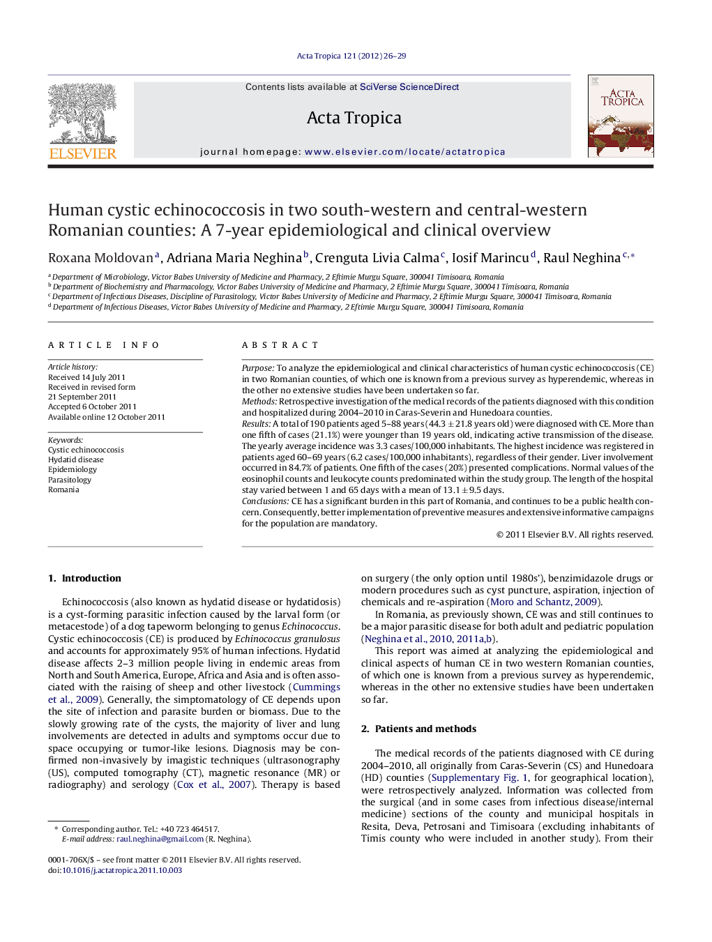 Human cystic echinococcosis in two south-western and central-western Romanian counties: A 7-year epidemiological and clinical overview