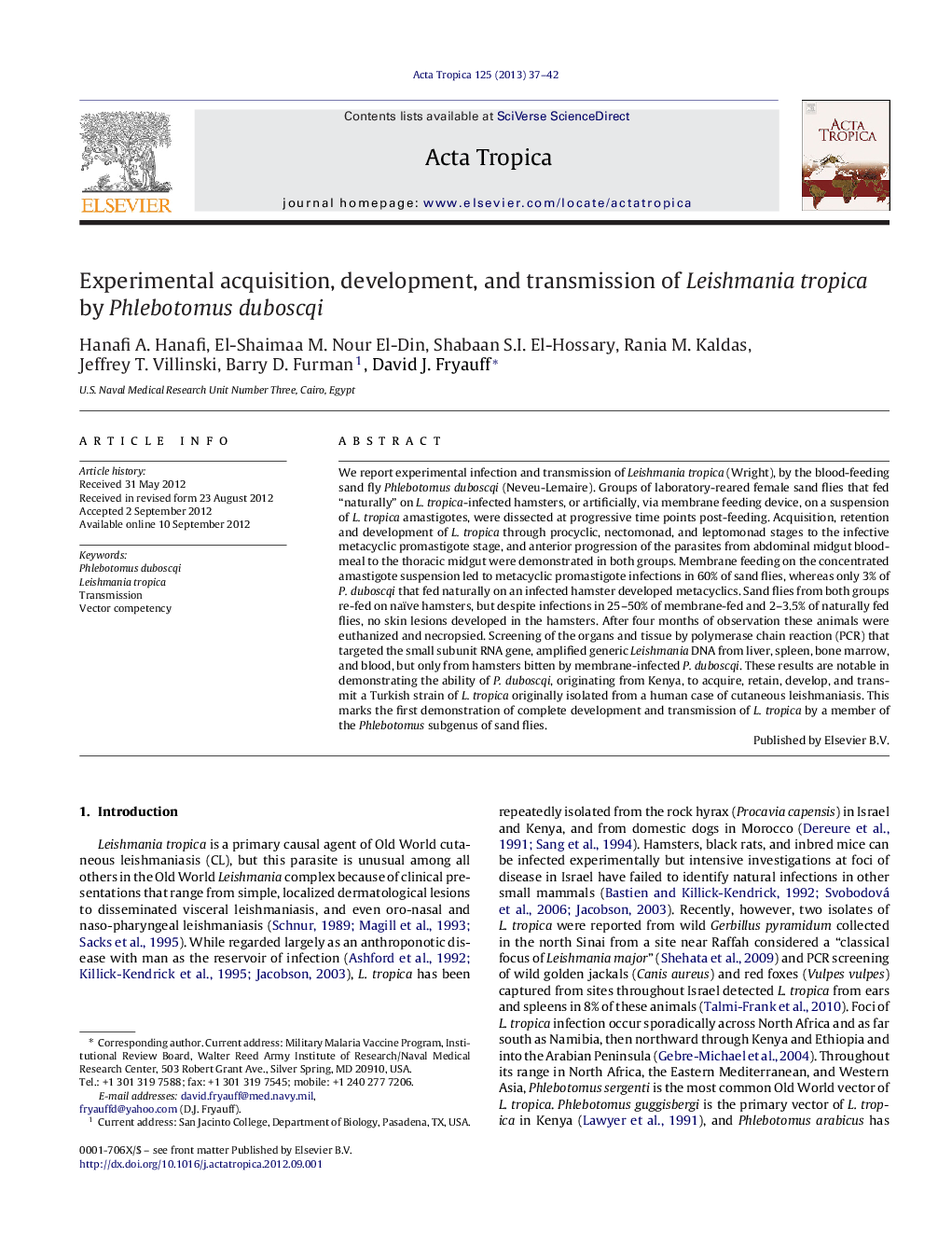 Experimental acquisition, development, and transmission of Leishmania tropica by Phlebotomus duboscqi