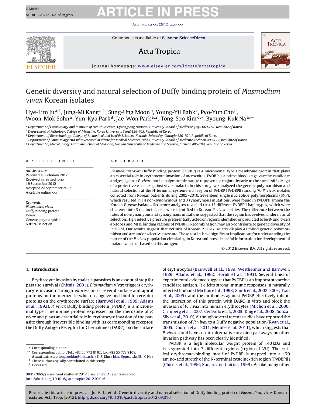 Genetic diversity and natural selection of Duffy binding protein of Plasmodium vivax Korean isolates