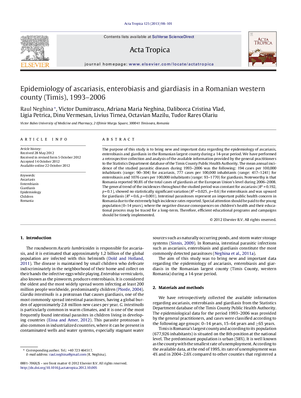 Epidemiology of ascariasis, enterobiasis and giardiasis in a Romanian western county (Timis), 1993-2006