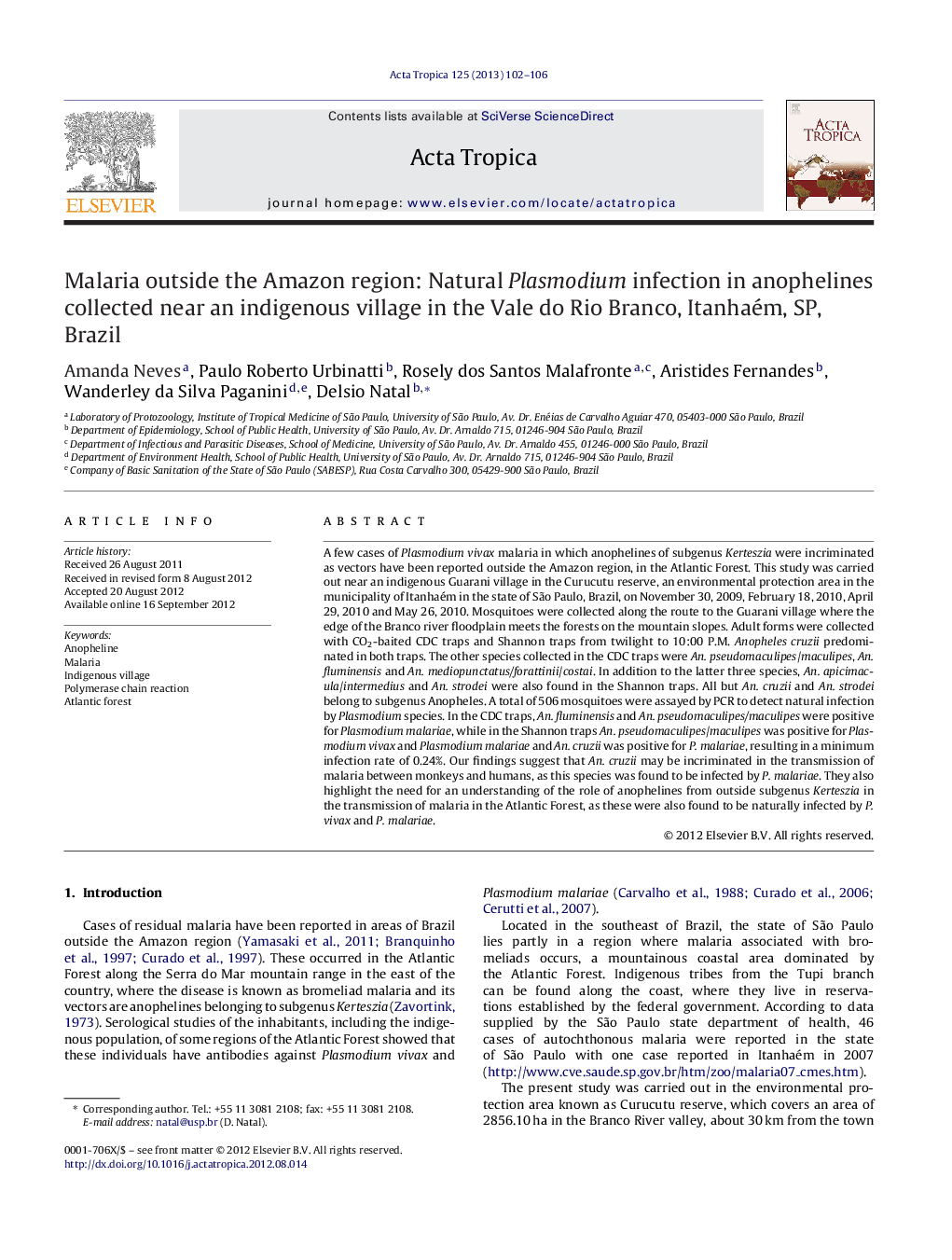 Malaria outside the Amazon region: Natural Plasmodium infection in anophelines collected near an indigenous village in the Vale do Rio Branco, Itanhaém, SP, Brazil