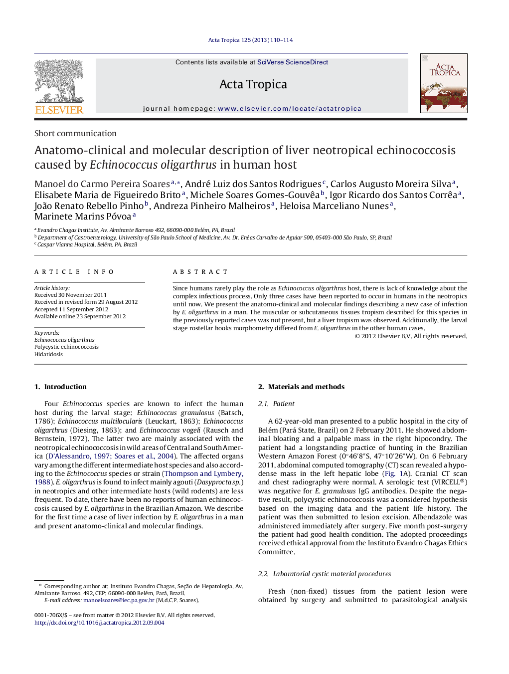 Anatomo-clinical and molecular description of liver neotropical echinococcosis caused by Echinococcus oligarthrus in human host