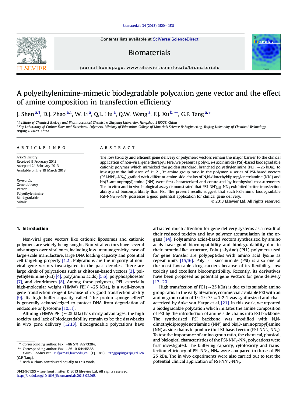 A polyethylenimine-mimetic biodegradable polycation gene vector and the effect of amine composition in transfection efficiency