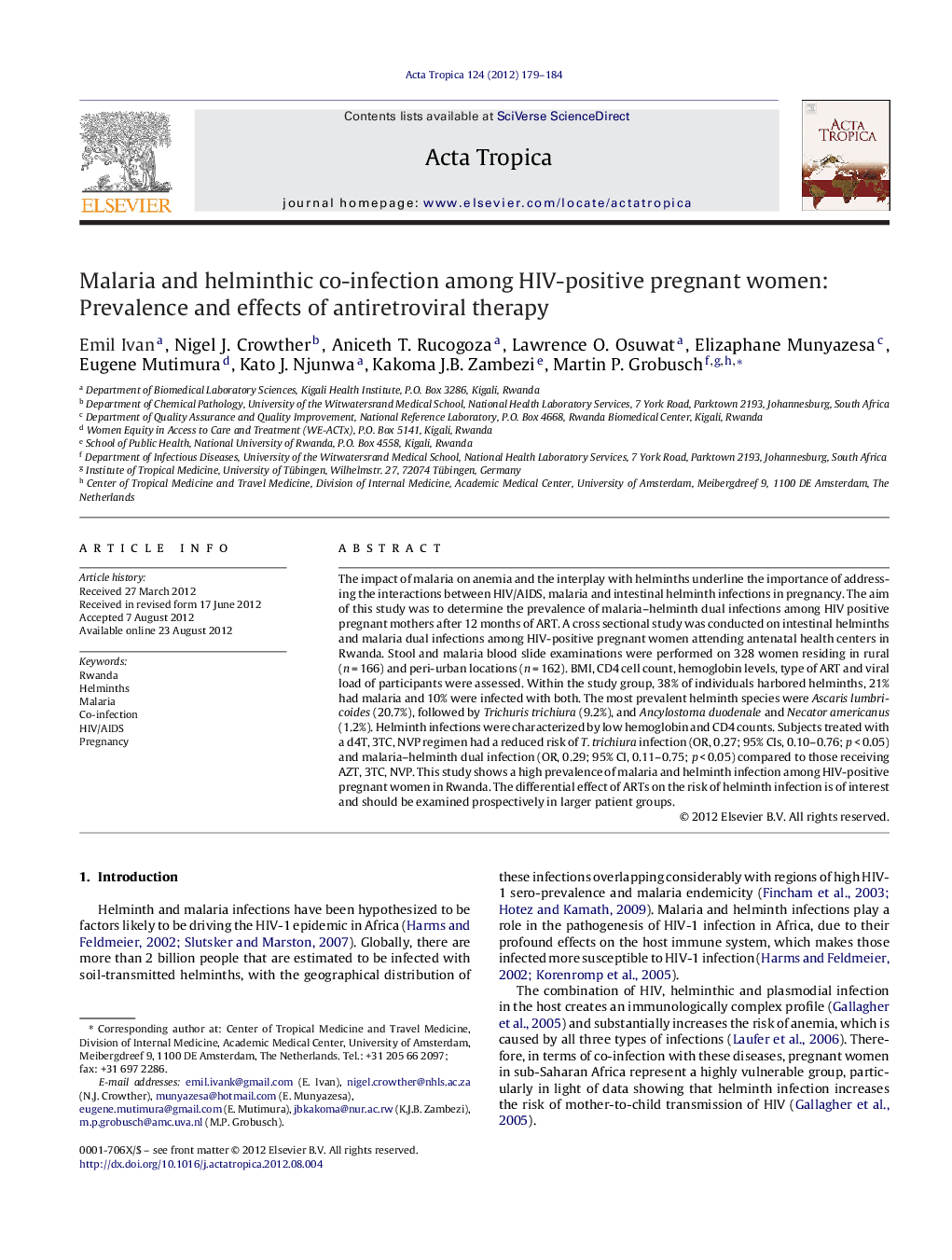 Malaria and helminthic co-infection among HIV-positive pregnant women: Prevalence and effects of antiretroviral therapy