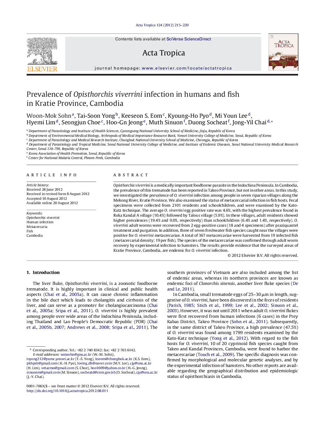 Prevalence of Opisthorchis viverrini infection in humans and fish in Kratie Province, Cambodia