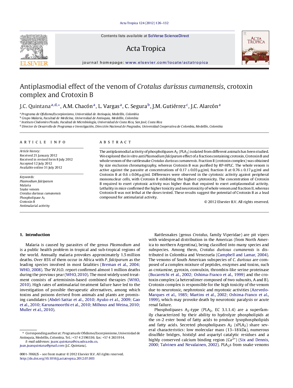 Antiplasmodial effect of the venom of Crotalus durissus cumanensis, crotoxin complex and Crotoxin B