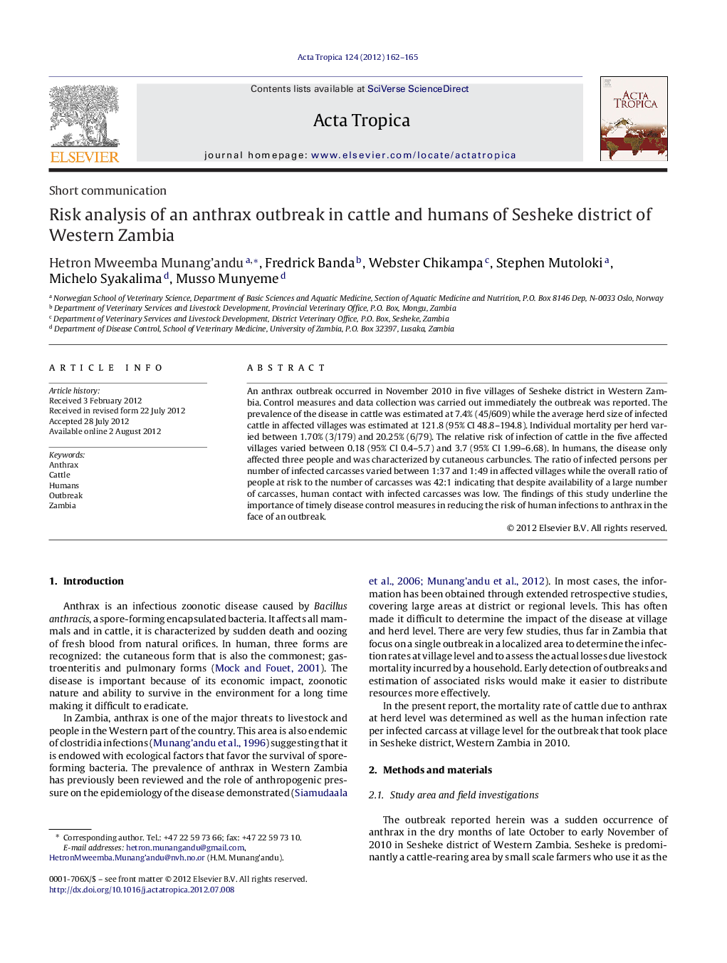 Risk analysis of an anthrax outbreak in cattle and humans of Sesheke district of Western Zambia