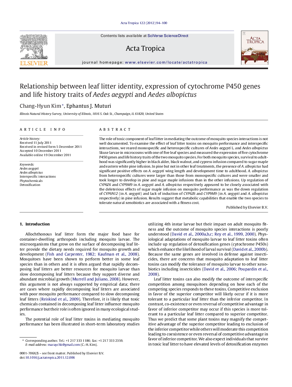 Relationship between leaf litter identity, expression of cytochrome P450 genes and life history traits of Aedes aegypti and Aedes albopictus