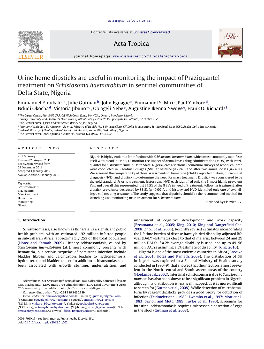 Urine heme dipsticks are useful in monitoring the impact of Praziquantel treatment on Schistosoma haematobium in sentinel communities of Delta State, Nigeria