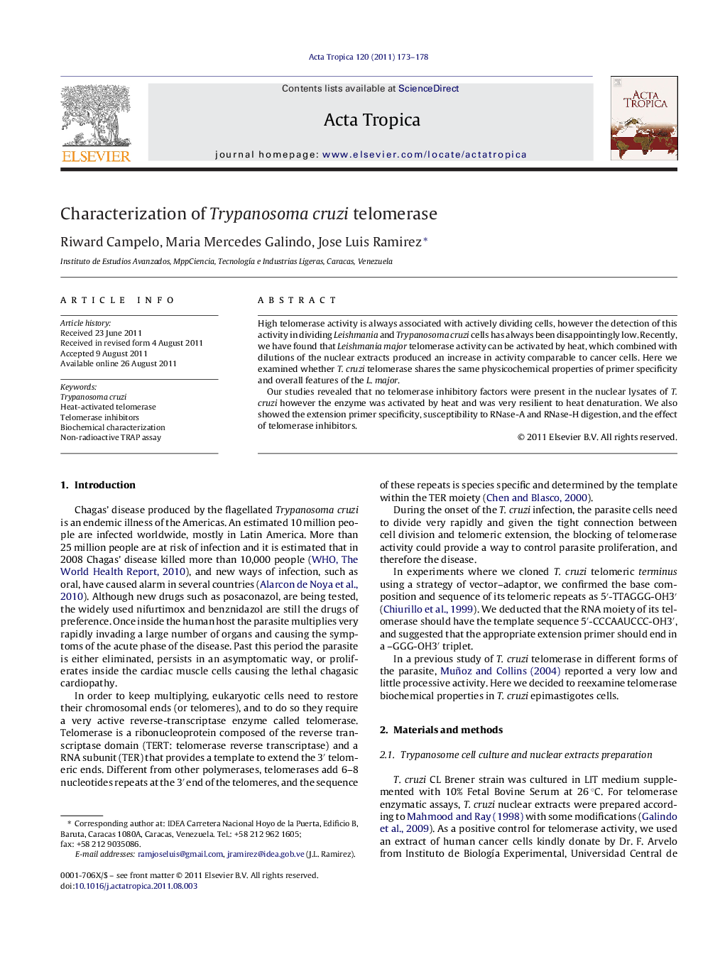 Characterization of Trypanosoma cruzi telomerase