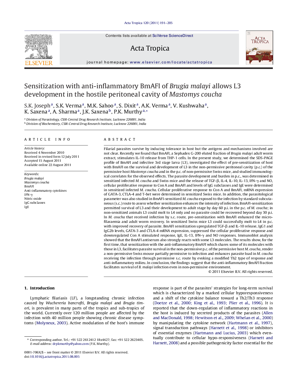 Sensitization with anti-inflammatory BmAFI of Brugia malayi allows L3 development in the hostile peritoneal cavity of Mastomys coucha