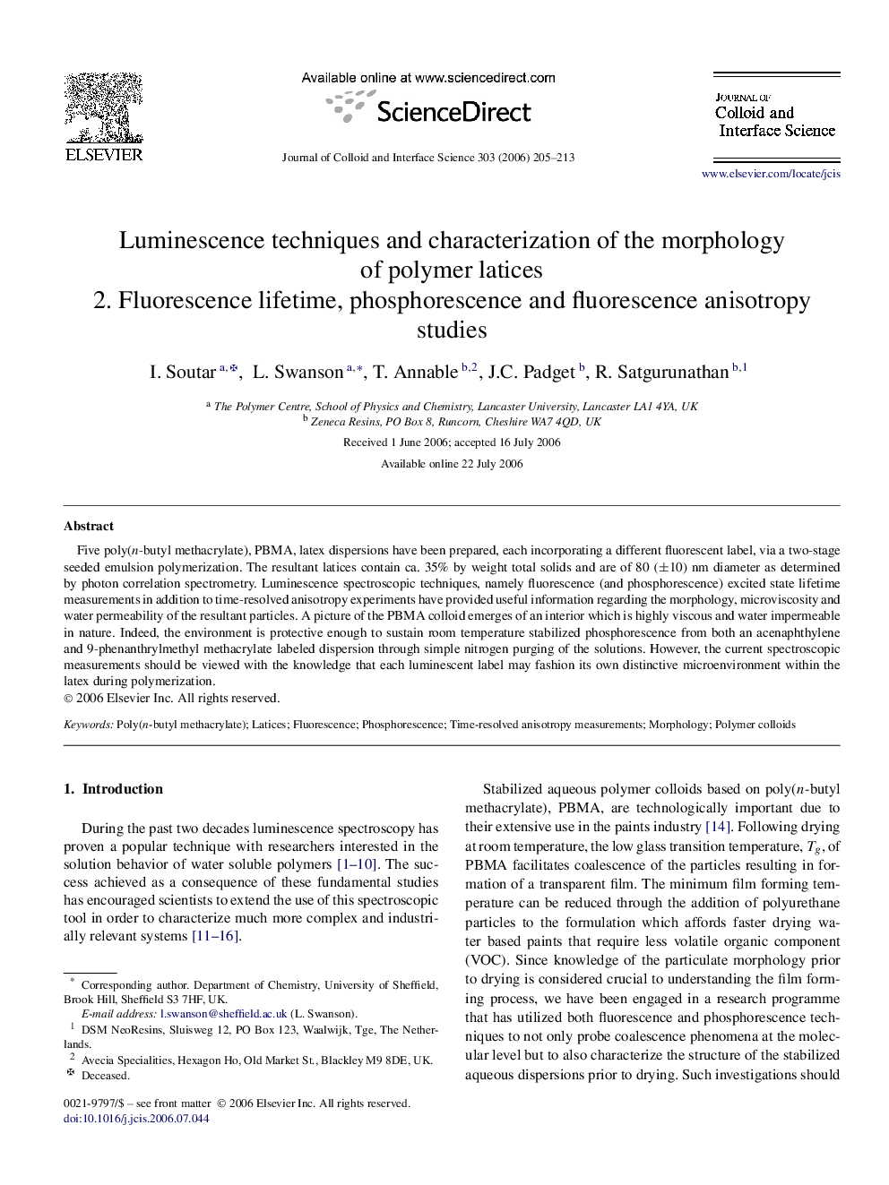 Luminescence techniques and characterization of the morphology of polymer latices: 2. Fluorescence lifetime, phosphorescence and fluorescence anisotropy studies