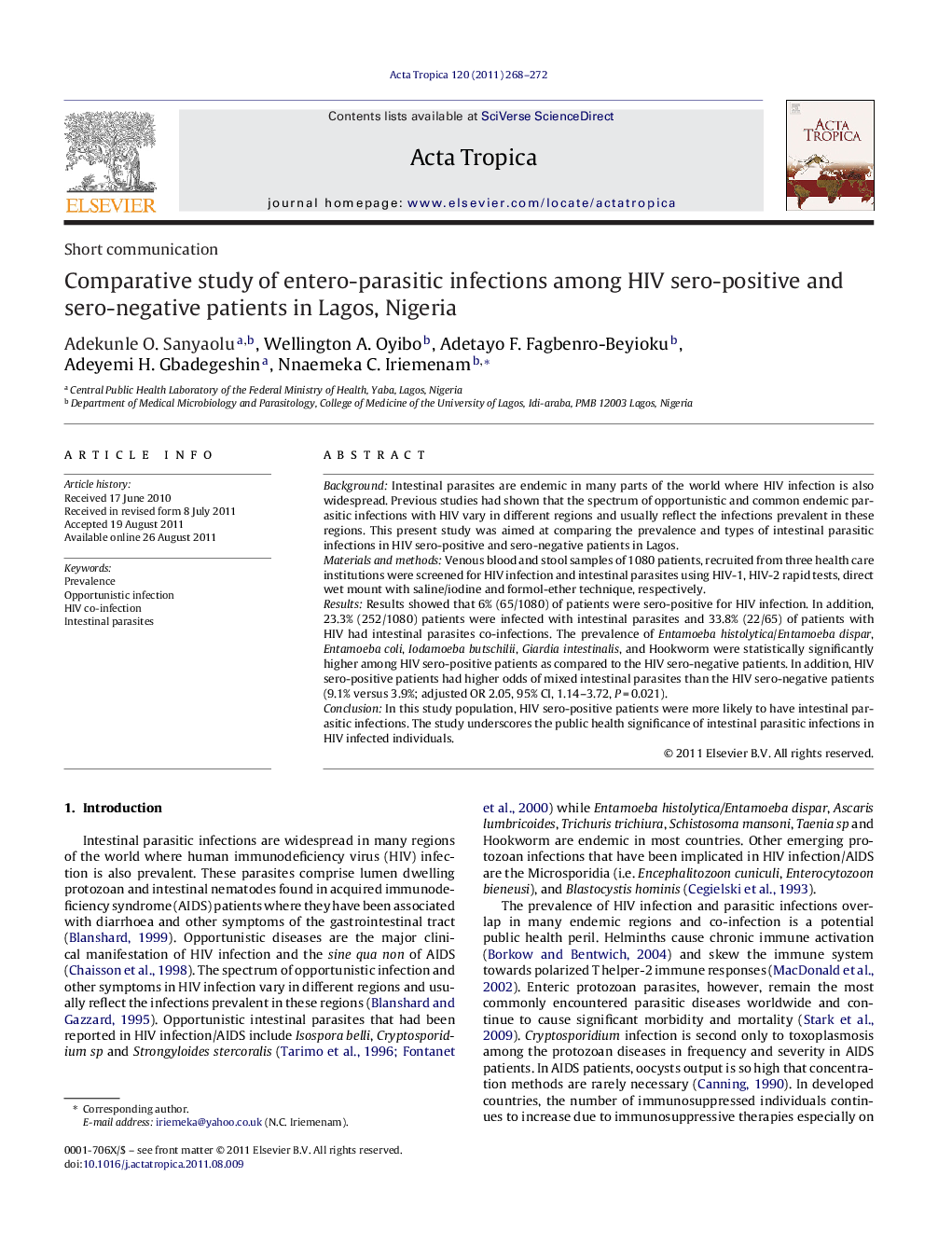 Comparative study of entero-parasitic infections among HIV sero-positive and sero-negative patients in Lagos, Nigeria